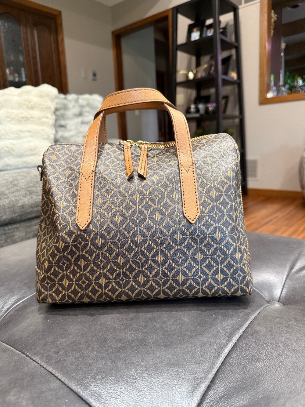 Fossil Sydney Satchel Handbag in Brown & Tan Patterned Coated Canvas